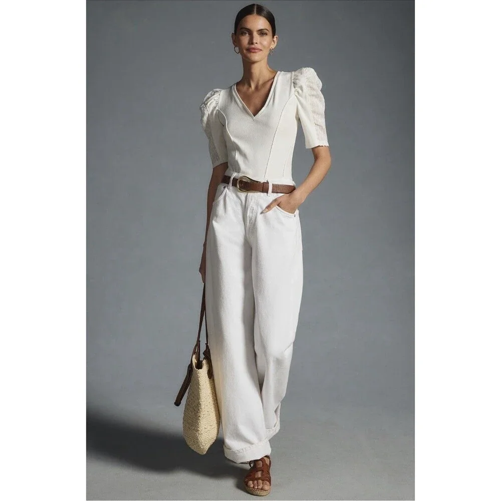 By Anthropologie Puff-Sleeve Structured V-Neck Tee Blouse T-Shirt Ribbed XS